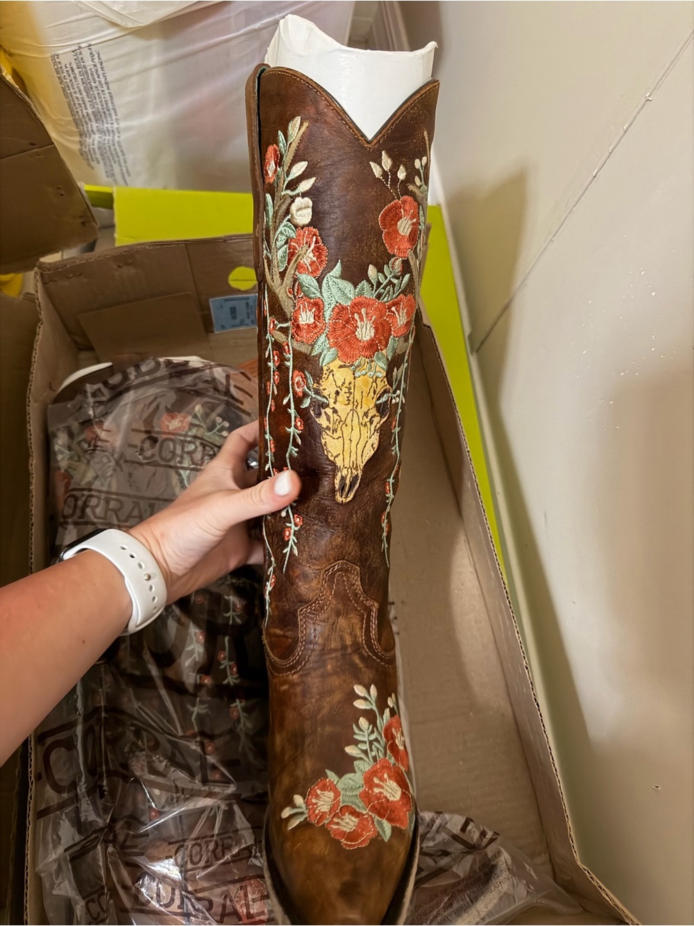 Corral Brown Leather Western Knee Boot with Floral & Skull Embroidery